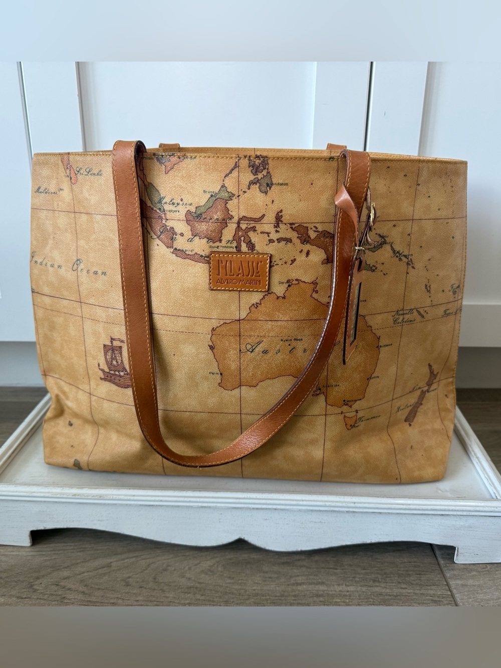 Alviero Martini Map-Print Canvas Tote in Tan and Brown